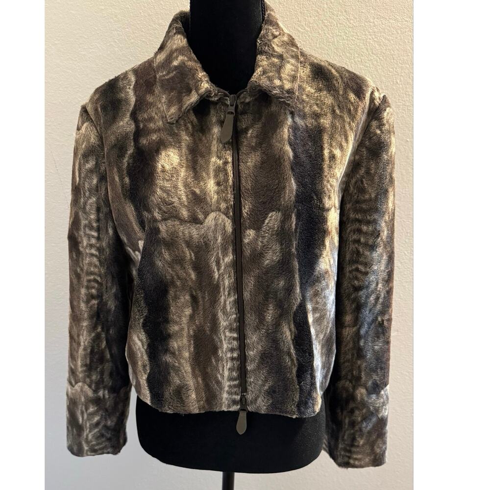 Vtg 90s Emil Rutenberg Faux Fur Jacket L Mottled Gray Animal Print Made in USA!